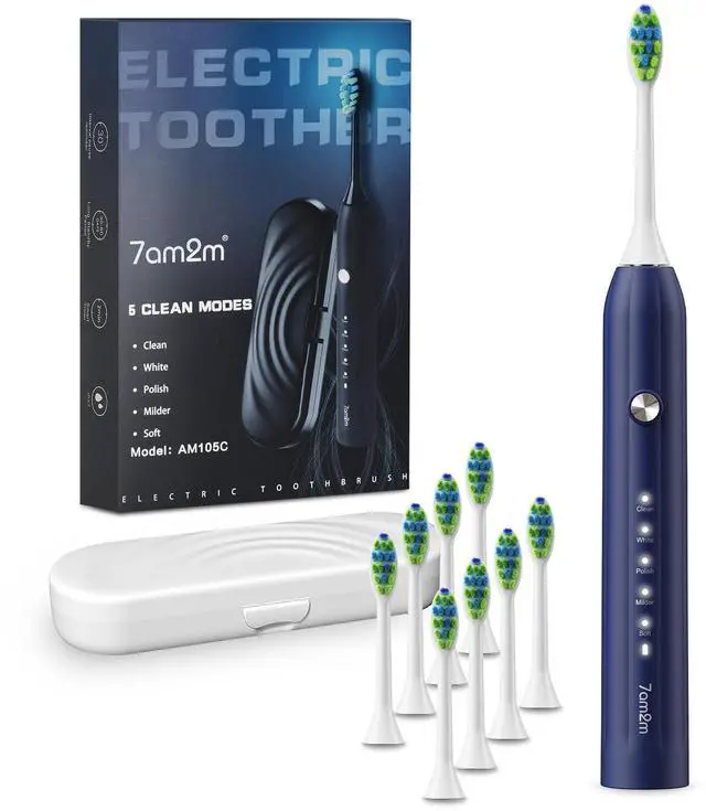 Main image of Sonic Electric Toothbrush for Adults and Kids, with 8 Brush Heads and Travel Case,5 Modes with 2 Minutes Built in Smart Timer, One Charge Use for 90 Days, Rechargeable Toothbrushes(Navy Blue)