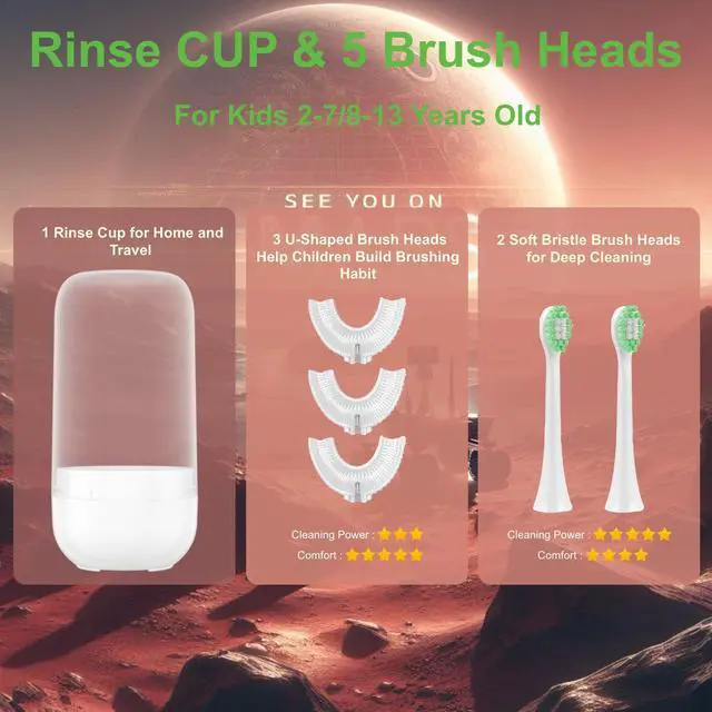 Alt view image 4 of 6 - Kids U Shaped Electric Toothbrush Ultrasonic Automatic Brush with 5 Brush Head Rinse Cup 6 Clean Modes IPX7 Waterproof Whole Mouth Rechargeable Smart Timer Toothbrushes for Children Age 8-13 Rocket