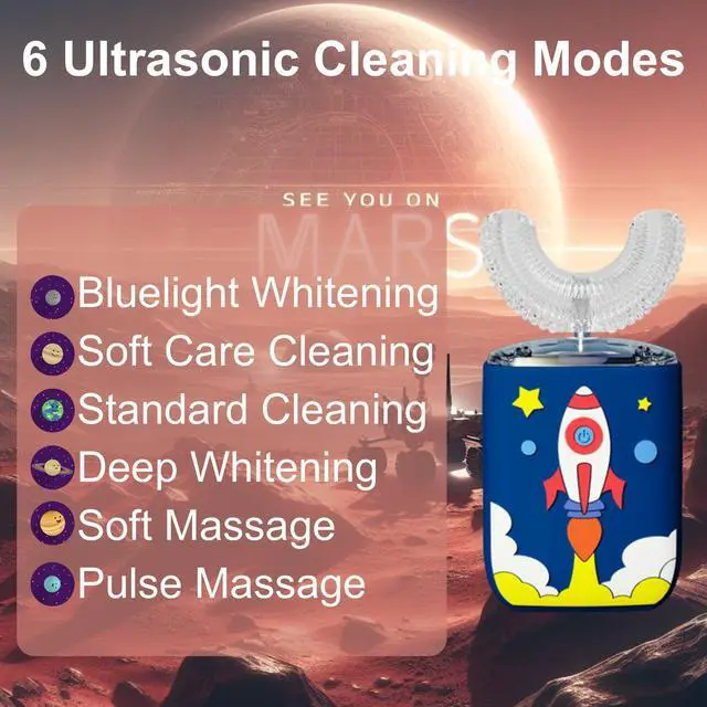 Alt view image 6 of 6 - Kids U Shaped Electric Toothbrush Ultrasonic Automatic Brush with 5 Brush Head Rinse Cup 6 Clean Modes IPX7 Waterproof Whole Mouth Rechargeable Smart Timer Toothbrushes for Children Age 8-13 Rocket