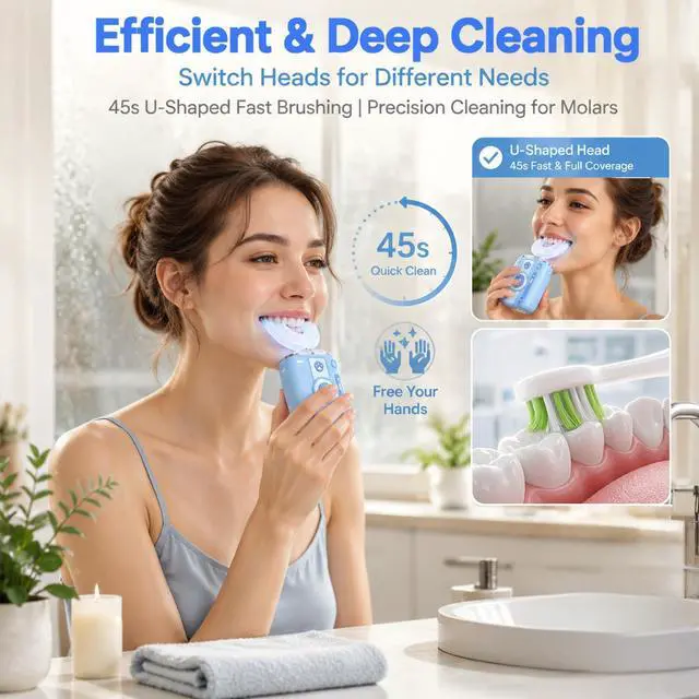 Alt view image 2 of 7 - Adult Ultrasonic Electric Toothbrush, 360° Oral Cleaning for Stain & Whitening, IPX7 Waterproof Rechargeable, U-Shape Brush Head×3 + Straight Handle Brush Head×2