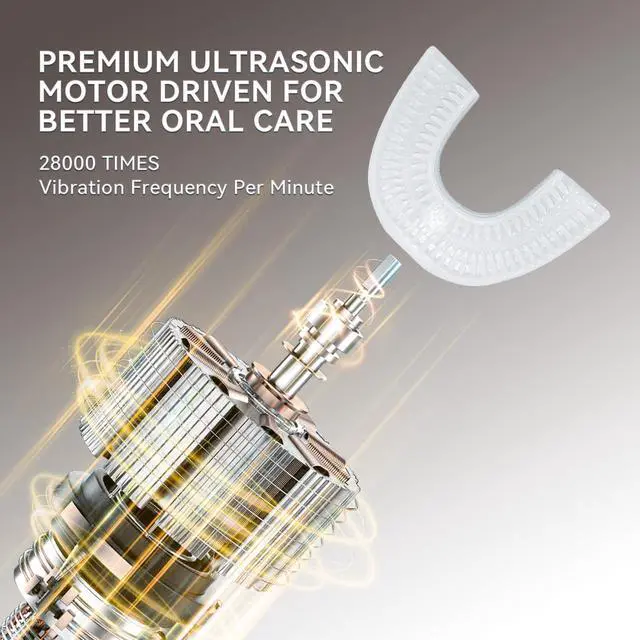 Alt view image 6 of 7 - Adult Ultrasonic Electric Toothbrush, 360° Oral Cleaning for Stain & Whitening, IPX7 Waterproof Rechargeable, U-Shape Brush Head×3 + Straight Handle Brush Head×2