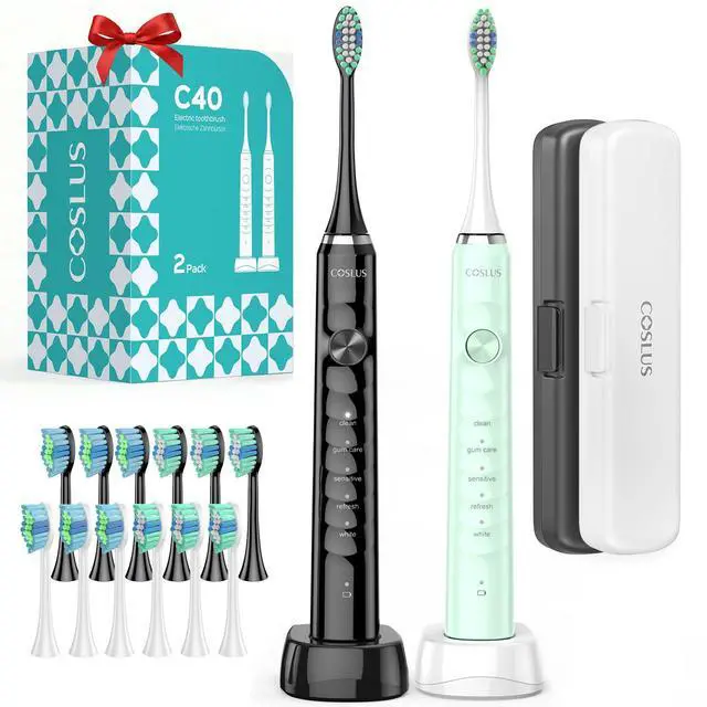 Main image of C40 Sonic Electric Toothbrush for Adults: 47000 VPM for Deep Cleaning & Whitening with Travel Case - 5 Modes for Sensitive Teeth & Braces, Wireless Charging, 6 Brush Heads, Black & Green (2PCS)