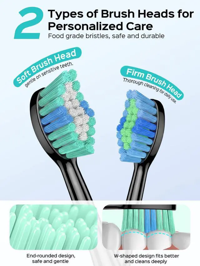 Alt view image 3 of 7 - C40 Sonic Electric Toothbrush for Adults: 47000 VPM for Deep Cleaning & Whitening with Travel Case - 5 Modes for Sensitive Teeth & Braces, Wireless Charging, 6 Brush Heads, Black & Green (2PCS)