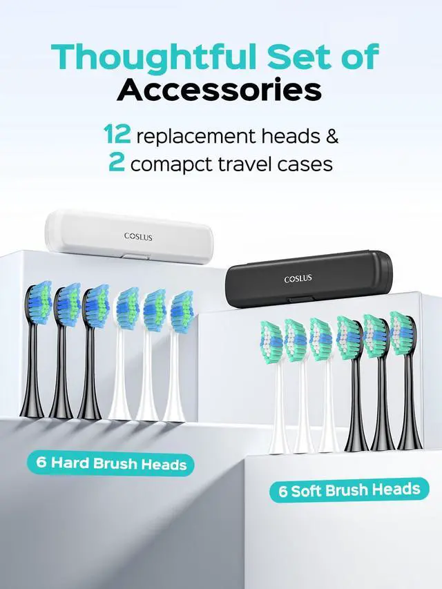 Alt view image 6 of 7 - C40 Sonic Electric Toothbrush for Adults: 47000 VPM for Deep Cleaning & Whitening with Travel Case - 5 Modes for Sensitive Teeth & Braces, Wireless Charging, 6 Brush Heads, Black & Green (2PCS)
