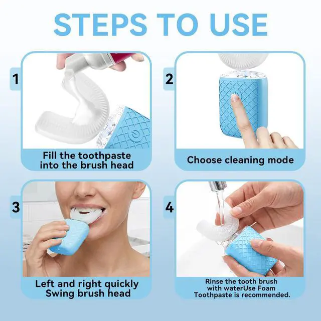 Alt view image 3 of 3 - Sonic Electric U Shaped Toothbrush for Adults, Automatic Full Mouth Cleaning Toothbrush, 360° Stain Removal, IPX7 Waterproof Rechargeable, 3 U-Shape & 2 Straight Brush Heads (Blue)