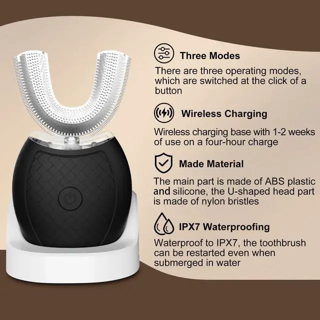 Alt view image 2 of 6 - Ultrasonic U-Shaped Toothbrush for Teeth Whitening, Electric Toothbrush for Adults 360-degree Cleaning,3 Brush Heads, Wireless Charging and IPX7 Waterproof Kit for Travel or Home(Black)