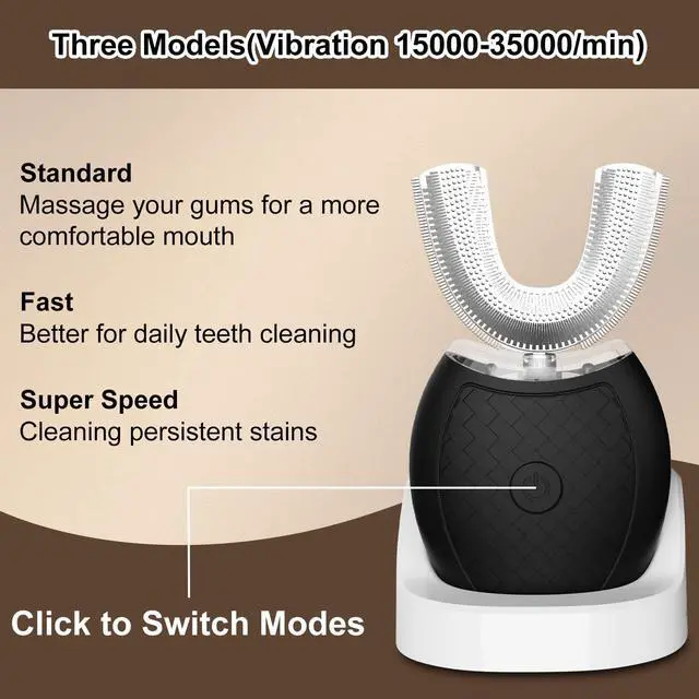 Alt view image 3 of 6 - Ultrasonic U-Shaped Toothbrush for Teeth Whitening, Electric Toothbrush for Adults 360-degree Cleaning,3 Brush Heads, Wireless Charging and IPX7 Waterproof Kit for Travel or Home(Black)