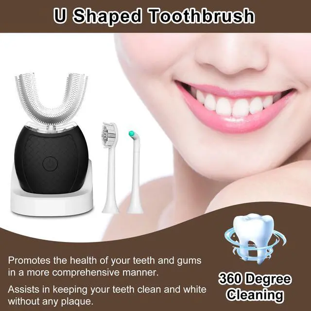 Alt view image 4 of 6 - Ultrasonic U-Shaped Toothbrush for Teeth Whitening, Electric Toothbrush for Adults 360-degree Cleaning,3 Brush Heads, Wireless Charging and IPX7 Waterproof Kit for Travel or Home(Black)