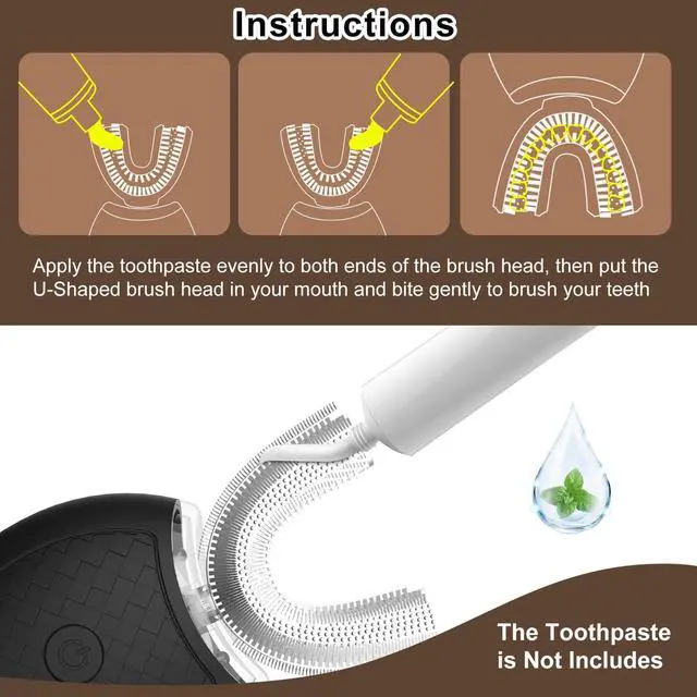 Alt view image 6 of 6 - Ultrasonic U-Shaped Toothbrush for Teeth Whitening, Electric Toothbrush for Adults 360-degree Cleaning,3 Brush Heads, Wireless Charging and IPX7 Waterproof Kit for Travel or Home(Black)