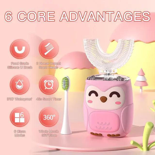 Alt view image 2 of 7 - Kids Electric U Shaped Toothbrush Kids Sonic Toothbrush with 4 Soft Brush Head Automatic Full Mouth 6 Cleaning Mode-(Age8-15 Pink)
