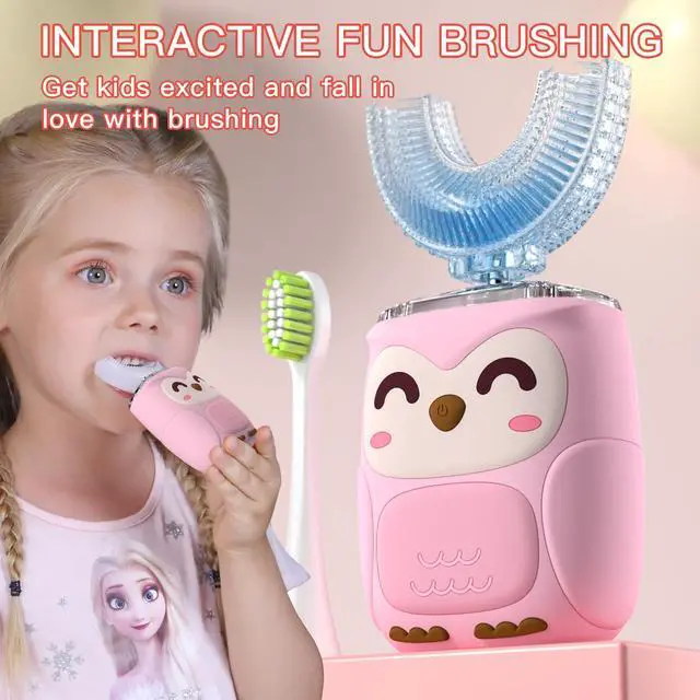 Alt view image 7 of 7 - Kids Electric U Shaped Toothbrush Kids Sonic Toothbrush with 4 Soft Brush Head Automatic Full Mouth 6 Cleaning Mode-(Age8-15 Pink)