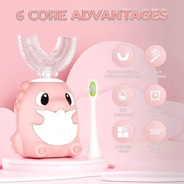 Alt view image 2 of 7 - Kids Electric U Shaped Toothbrush,Kids Dinosaur Sonic Automatic Toothbrush with 5 Soft Brush Head 6 Cleaning Modes Full Mouth 360° Cleaning - Age2-15 Pink