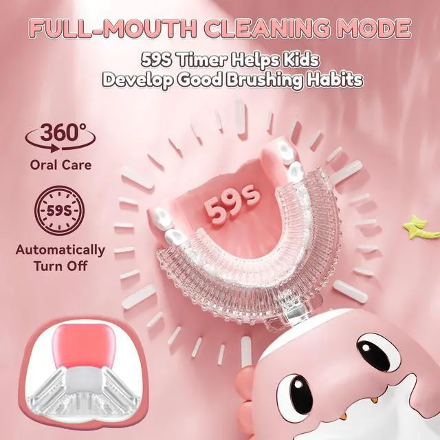 Alt view image 5 of 7 - Kids Electric U Shaped Toothbrush,Kids Dinosaur Sonic Automatic Toothbrush with 5 Soft Brush Head 6 Cleaning Modes Full Mouth 360° Cleaning - Age2-15 Pink