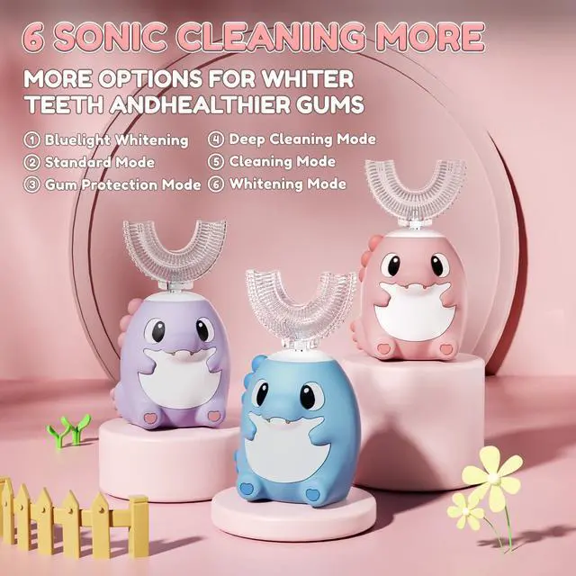 Alt view image 4 of 7 - Kids Electric U Shaped Toothbrush,Kids Dinosaur Sonic Automatic Toothbrush with 5 Soft Brush Head 6 Cleaning Modes Full Mouth 360° Cleaning - Age2-15 Pink