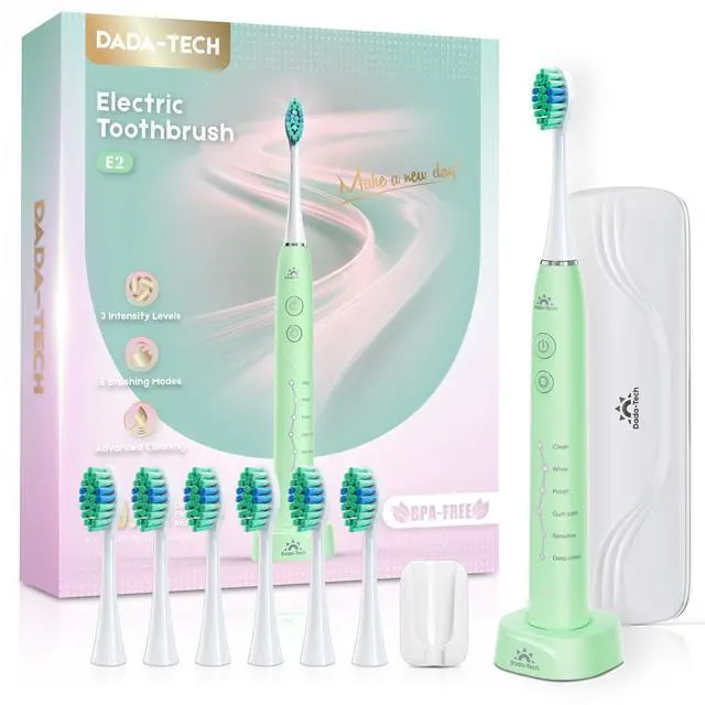 Main image of Electric Toothbrush for Adults Kids Electric Toothbrush Rechargeable Sonic Toothbrush Ultrasonic Toothbrush with Travel Case, Holder & 7 Brush Heads, 6 Modes & 3 Intensities, 2-Minute Timer (Green)