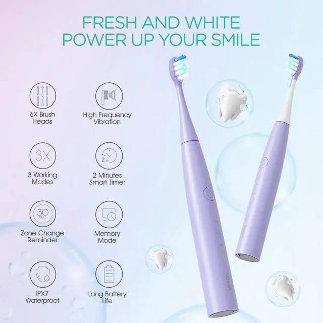 Alt view image 2 of 7 - Sonic Electric Toothbrush for Adults,Tooth Brushes with 6 Brush Heads,70-Day Battery Life,IPX7 Waterproof Rechargeable Travel Toothbrushes with 3 Modes for Family Use ET110(Purple)