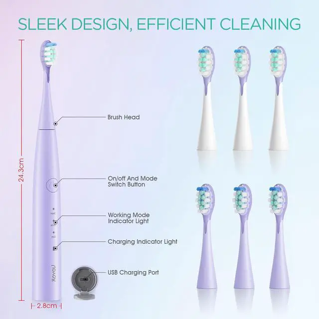 Alt view image 7 of 7 - Sonic Electric Toothbrush for Adults,Tooth Brushes with 6 Brush Heads,70-Day Battery Life,IPX7 Waterproof Rechargeable Travel Toothbrushes with 3 Modes for Family Use ET110(Purple)