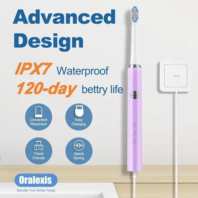 Alt view image 5 of 7 - Electric Toothbrush for Adults and Kids, with 8 Brush Heads and Tongue Scraper, 2 Minute Smart Timer, One Fast Charge Last 120 Days, 40000 VPM Deep Clean, Sonic Travel Toothbrush - Violet