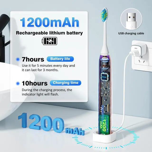 Alt view image 3 of 7 - Sonic Electric Toothbrush for Adults - Deep Cleaning Teeth Whitening6 Replacement Brush Heads100-Day Battery5 Modes w/SensitiveIPX7 Waterproof (Color Options)