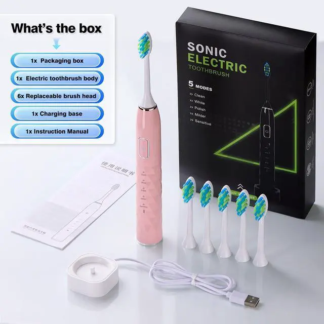 Alt view image 7 of 7 - Sonic Electric Toothbrush for Adults - Deep Cleaning Teeth Whitening6 Replacement Brush Heads100-Day Battery5 Modes w/SensitiveIPX7 Waterproof (Color Options)