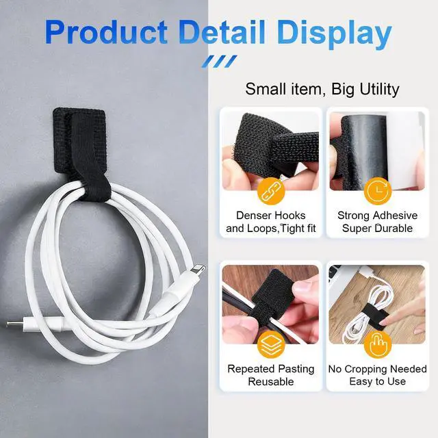 Alt view image 6 of 7 - 80 PCS Hook and Loop Cable Ties for Cable Management, Self Adhesive Wire Organizer and Cable Clips, Reusable Cord Organizer for Desk, Home Office, Gaming Setup, Kitchen Appliances, Black and White