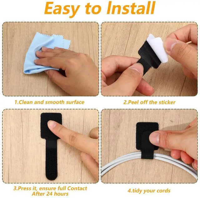 Alt view image 6 of 7 - 100 Pcs Hook and Loop Cable Straps, Self Adhesive Cord Organizers for Desk, Reusable Wire Ties Adjustable Cord Management for Home Office Under Computer Desk Management(Black)