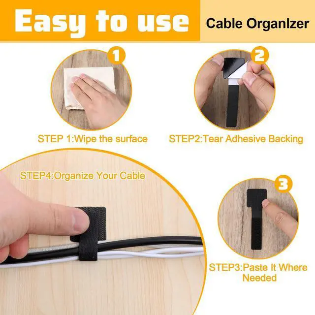 Alt view image 7 of 7 - 80 Pcs Hook and Loop Cable Straps, Self Adhesive Hook and Loop Cable Ties, Cables Management Wire Organizer Under Desk, Cord Organizers for Desk Home Office Essentials(Black)