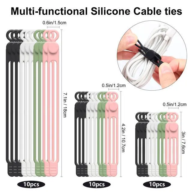 Alt view image 2 of 7 - 30Pcs Cord Organizer, Silicone Cable Ties Reusable, Cord Ties for Electronics, Multipurpose Elastic Wire Ties, Travel Essentials for Cable Organizer, Wire Organizers for Fastening Cords