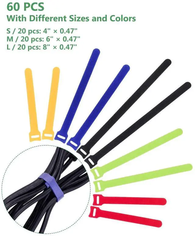 Alt view image 2 of 7 - 60 Pcs Reusable Fastening Cable Ties with Hook and Loop, Multi-Purpose Cable Straps Wire Ties Cable Management, Adjustable Cord organizer Ties for Computer/TV/Electronics, 3 Sizes and 5 Colors