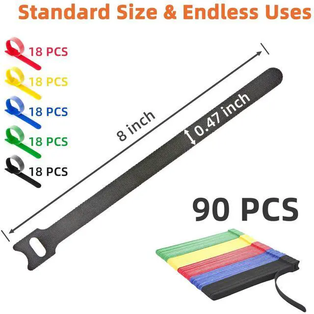 Alt view image 6 of 7 - 90 PCS Reusable Cable Ties with Hook and Loop, Multi-purpose Adjustable 8 Inch Cable Management Wire Ties Cable Straps for Organizing Home, Office and Data Centers (Multicolored)