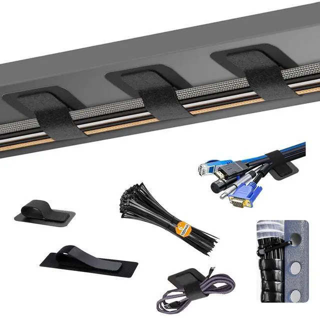 Main image of Under Desk Cable Management Set - 20 Pair Adjustable Hook and Loop Cable Ties with Adhesive Backing + 100 Pack 6 Inch Zip Ties, Complete Cord Organizer Kit for Home Office Desk Wire Management (Black)