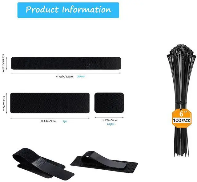 Alt view image 2 of 5 - Under Desk Cable Management Set - 20 Pair Adjustable Hook and Loop Cable Ties with Adhesive Backing + 100 Pack 6 Inch Zip Ties, Complete Cord Organizer Kit for Home Office Desk Wire Management (Black)
