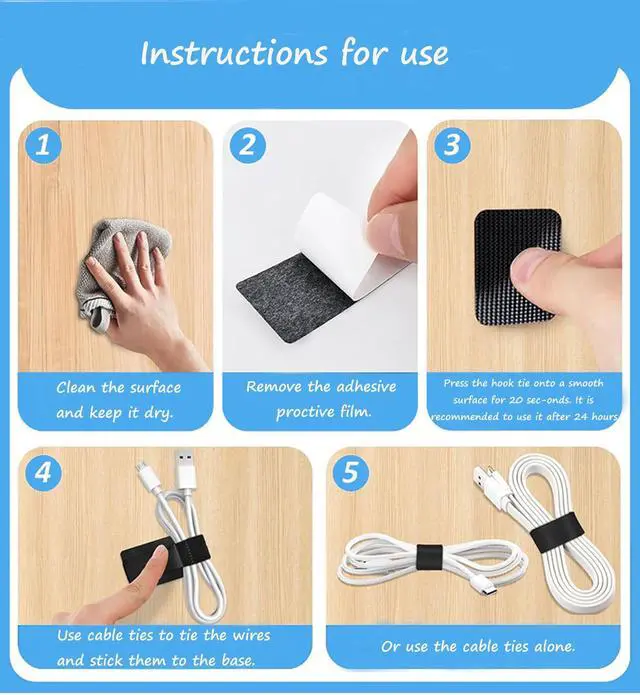 Alt view image 5 of 5 - Under Desk Cable Management Set - 20 Pair Adjustable Hook and Loop Cable Ties with Adhesive Backing + 100 Pack 6 Inch Zip Ties, Complete Cord Organizer Kit for Home Office Desk Wire Management (Black)