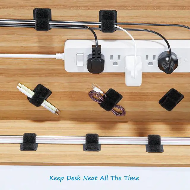 Alt view image 3 of 5 - Under Desk Cable Management Set - 20 Pair Adjustable Hook and Loop Cable Ties with Adhesive Backing + 100 Pack 6 Inch Zip Ties, Complete Cord Organizer Kit for Home Office Desk Wire Management (Black)