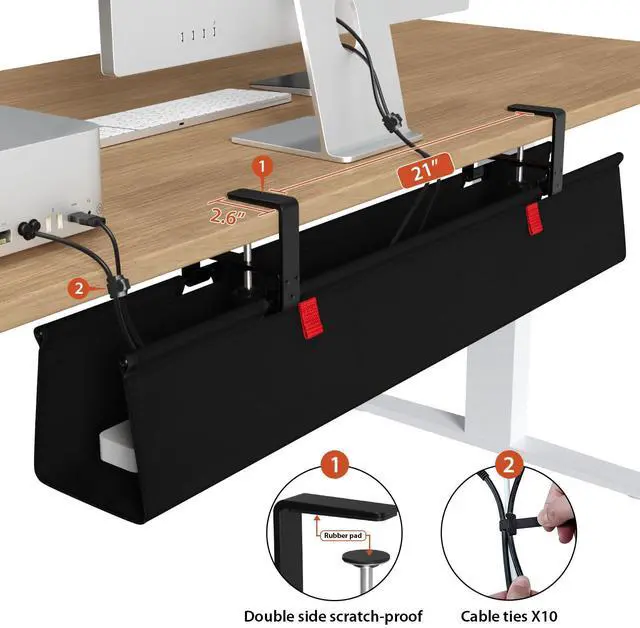 Alt view image 3 of 7 - No Drill Under Desk Cable Management Tray, 36" Cord Organizer for Table, Clamp/Screw Mount Desk Cable Management, Premium Fabric Cable Management Tray for Office, Home