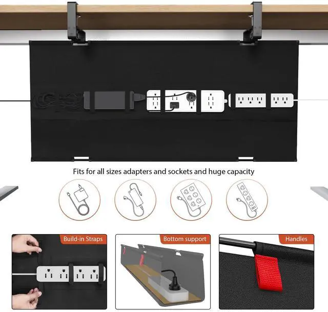Alt view image 2 of 7 - No Drill Under Desk Cable Management Tray, 36" Cord Organizer for Table, Clamp/Screw Mount Desk Cable Management, Premium Fabric Cable Management Tray for Office, Home