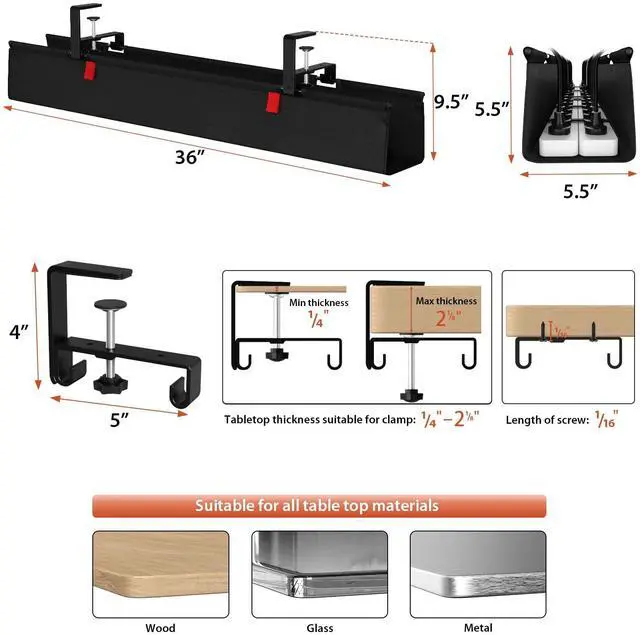 Alt view image 4 of 7 - No Drill Under Desk Cable Management Tray, 36" Cord Organizer for Table, Clamp/Screw Mount Desk Cable Management, Premium Fabric Cable Management Tray for Office, Home