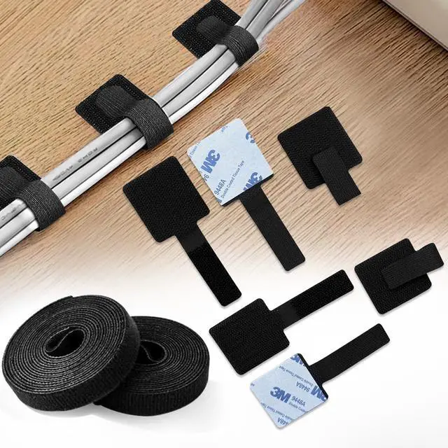 Main image of Adhesive Under Desk Cable Management Kit - 45 PCS Sticky Back Velcro Ties + 2 Rolls Extension Straps for No Drill Cord Organization, Home Office (Black)