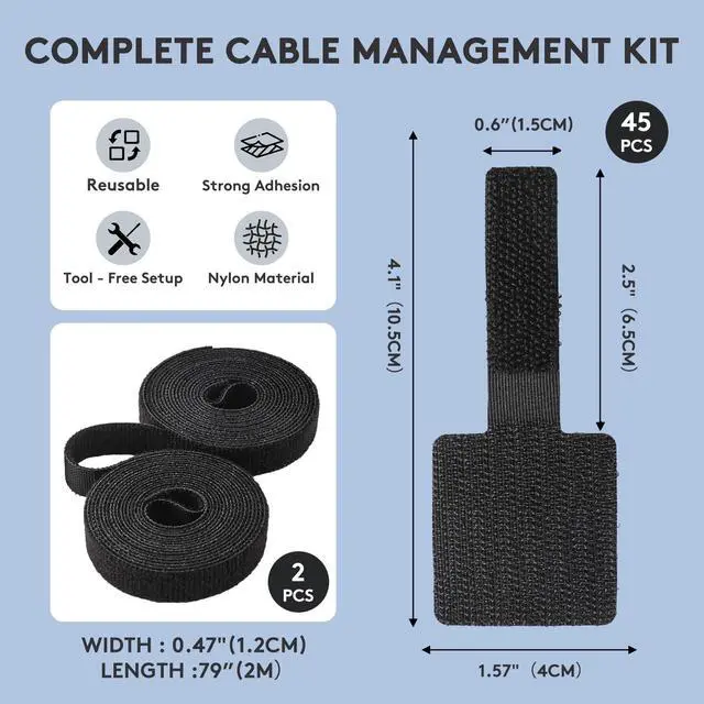 Alt view image 2 of 5 - Adhesive Under Desk Cable Management Kit - 45 PCS Sticky Back Velcro Ties + 2 Rolls Extension Straps for No Drill Cord Organization, Home Office (Black)