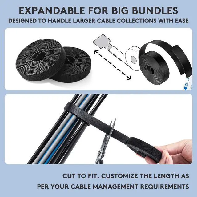 Alt view image 5 of 5 - Adhesive Under Desk Cable Management Kit - 45 PCS Sticky Back Velcro Ties + 2 Rolls Extension Straps for No Drill Cord Organization, Home Office (Black)