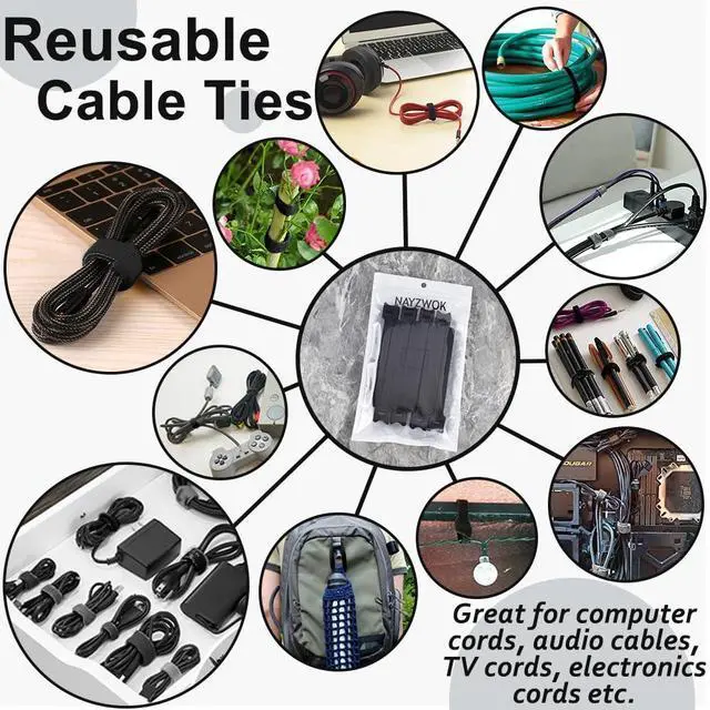 Alt view image 4 of 6 - 100pcs Cable Ties Reusable All-Black Wire Ties Cable Management Cord Ties Reusable for Electronics Hook and Loop Cable Ties for Computer 6 Inch
