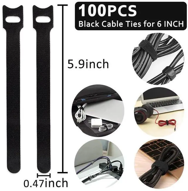 Alt view image 6 of 6 - 100pcs Cable Ties Reusable All-Black Wire Ties Cable Management Cord Ties Reusable for Electronics Hook and Loop Cable Ties for Computer 6 Inch