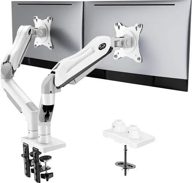 Main image of Dual Monitor Stand - Full Adjustable Monitor Desk Mount Swivel Vesa Bracket with C Clamp, Grommet Mounting Base for 13 to 32 Inch Computer Screens - Each Arm Holds 4.4 to 19.8lbs - White