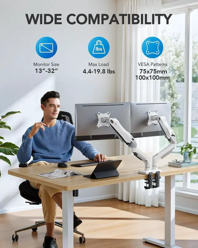 Alt view image 2 of 7 - Dual Monitor Stand - Full Adjustable Monitor Desk Mount Swivel Vesa Bracket with C Clamp, Grommet Mounting Base for 13 to 32 Inch Computer Screens - Each Arm Holds 4.4 to 19.8lbs - White