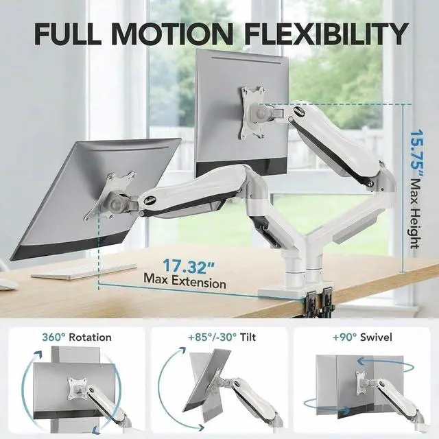 Alt view image 3 of 7 - Dual Monitor Stand - Full Adjustable Monitor Desk Mount Swivel Vesa Bracket with C Clamp, Grommet Mounting Base for 13 to 32 Inch Computer Screens - Each Arm Holds 4.4 to 19.8lbs - White