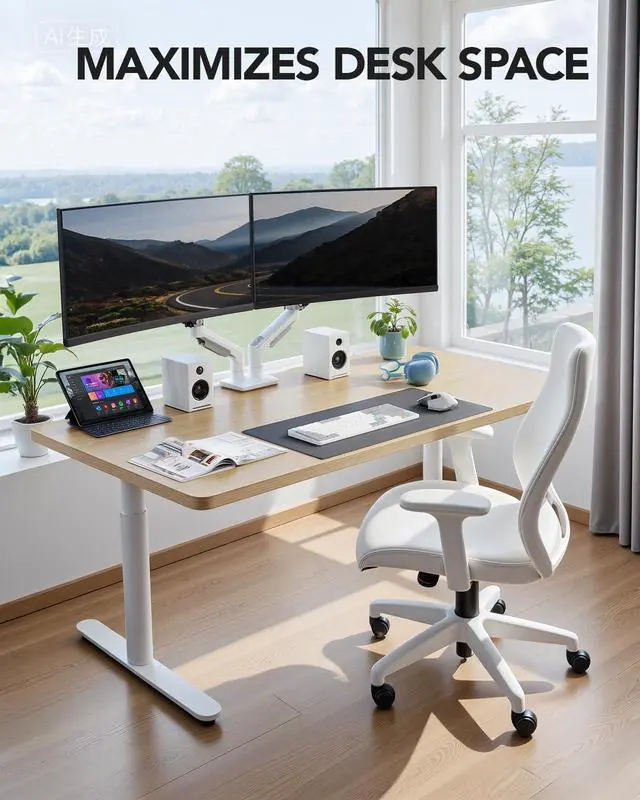 Alt view image 7 of 7 - Dual Monitor Stand - Full Adjustable Monitor Desk Mount Swivel Vesa Bracket with C Clamp, Grommet Mounting Base for 13 to 32 Inch Computer Screens - Each Arm Holds 4.4 to 19.8lbs - White