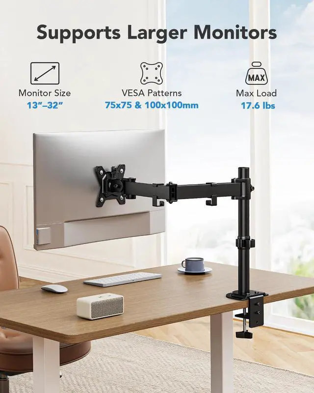 Alt view image 2 of 7 - Single Monitor Mount, Monitor Arm for 13-32 Monitors up to 17.6 lbs, Adjustable Stand with 16 Max Height, Desk Mount with C-Clamp and Grommet Base, VESA 75x75mm or 100x100mm