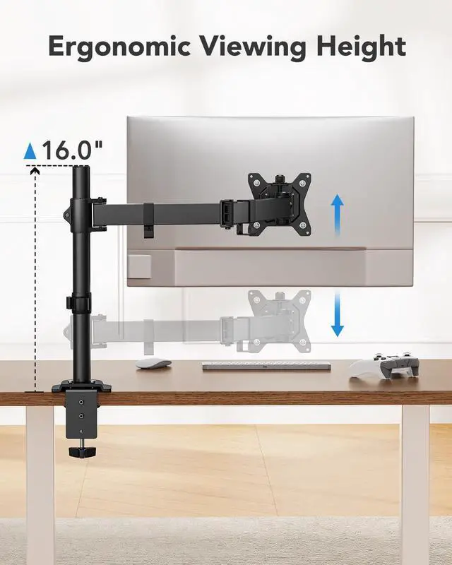 Alt view image 4 of 7 - Single Monitor Mount, Monitor Arm for 13-32 Monitors up to 17.6 lbs, Adjustable Stand with 16 Max Height, Desk Mount with C-Clamp and Grommet Base, VESA 75x75mm or 100x100mm