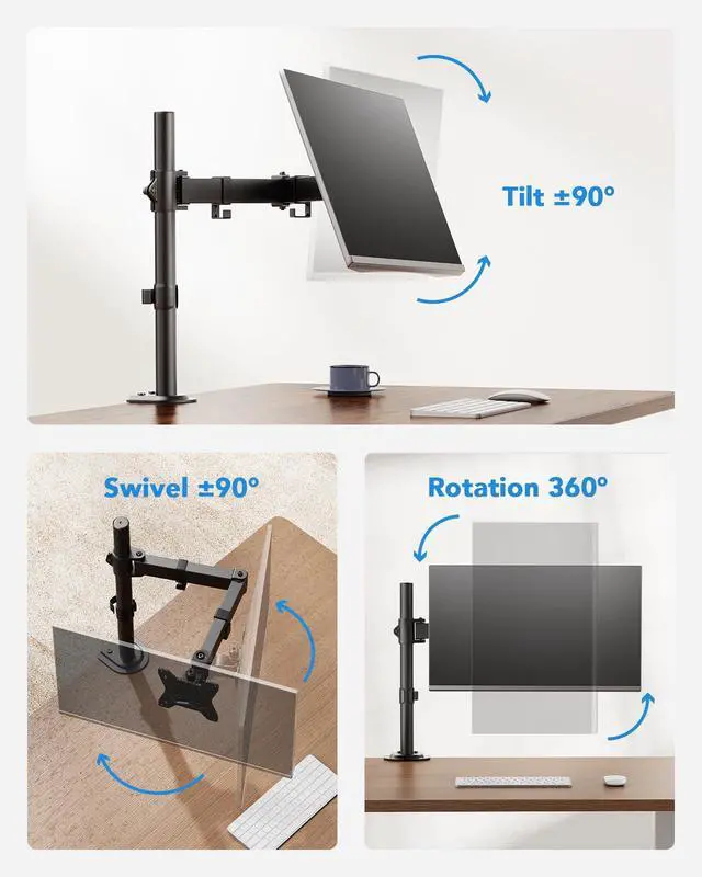 Alt view image 5 of 7 - Single Monitor Mount, Monitor Arm for 13-32 Monitors up to 17.6 lbs, Adjustable Stand with 16 Max Height, Desk Mount with C-Clamp and Grommet Base, VESA 75x75mm or 100x100mm