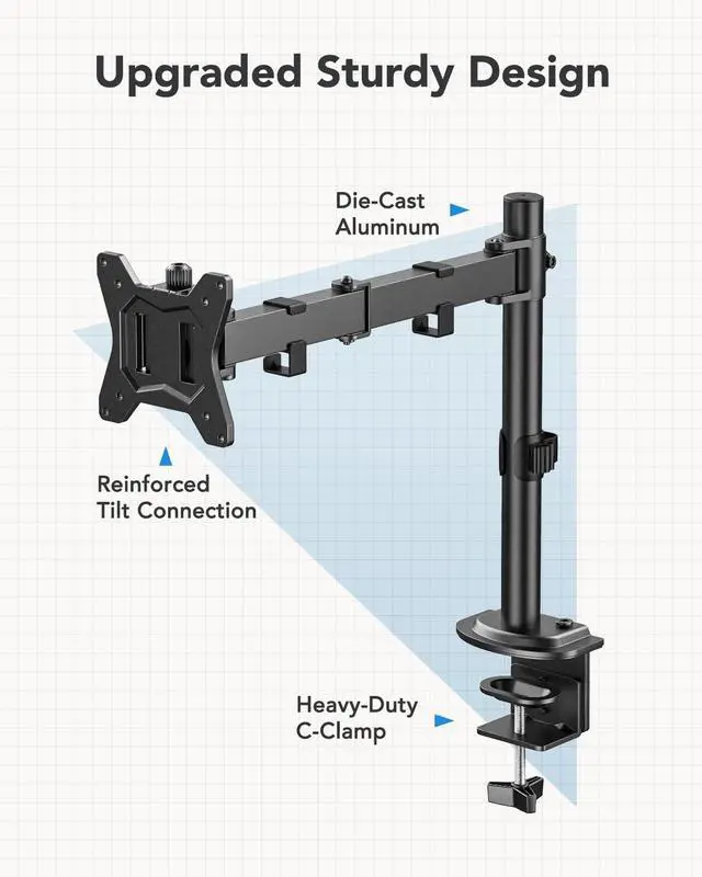 Alt view image 6 of 7 - Single Monitor Mount, Monitor Arm for 13-32 Monitors up to 17.6 lbs, Adjustable Stand with 16 Max Height, Desk Mount with C-Clamp and Grommet Base, VESA 75x75mm or 100x100mm